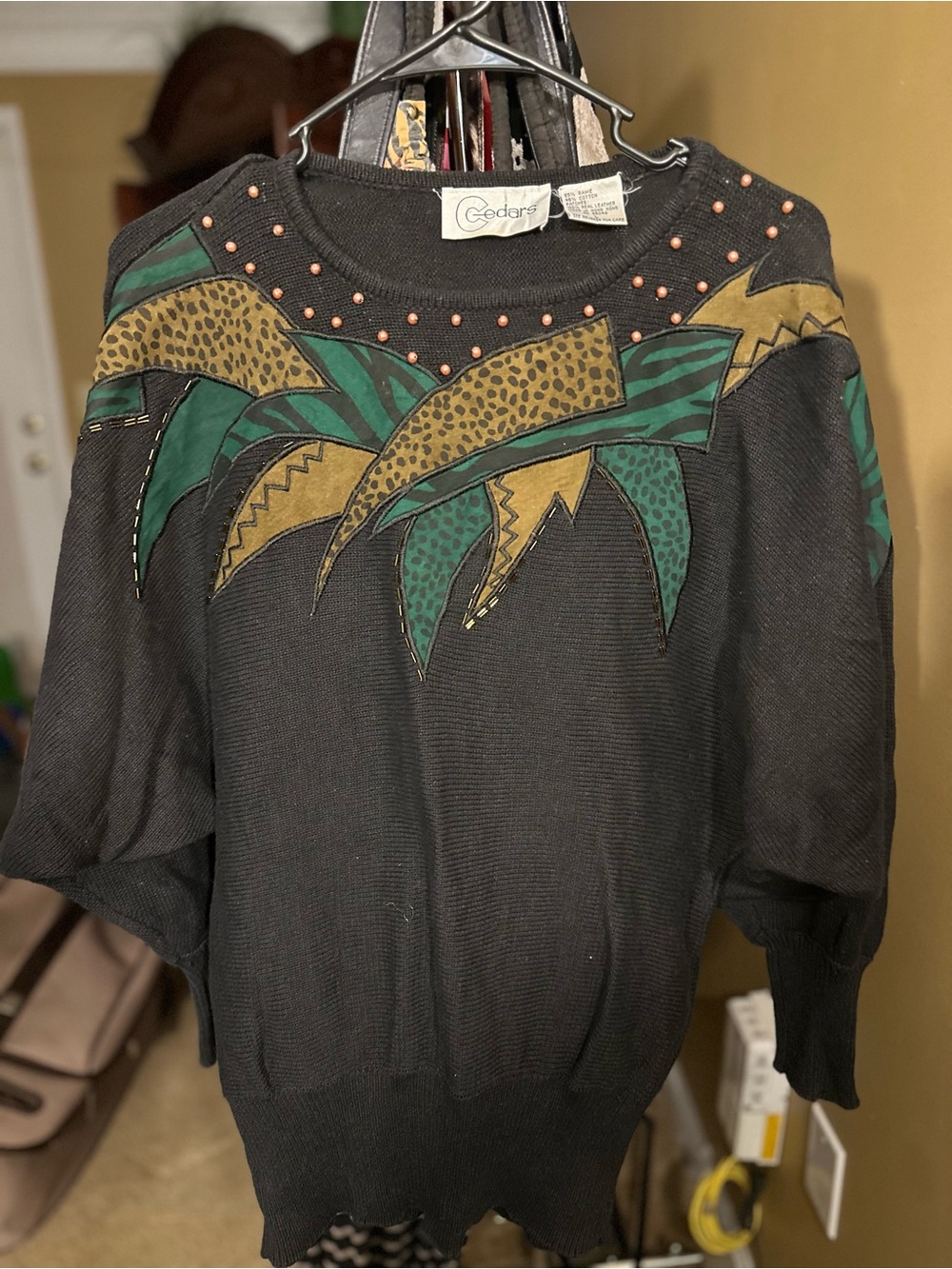80’s Black Pullover Sweater with Green and Tan Graphic Detail